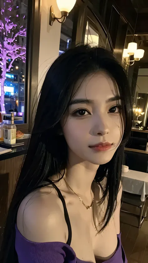 (mid shot), realistic photo of a asian girl, ((black and purple long hair)), in a luxorious bar, (detailled face feature)