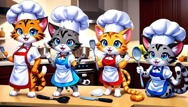 hdr,ultra hd,8k, three cats in mini chef aprons. tigrão is an orange cat with dark spots, miau is a gray cat with blue eyes, and...