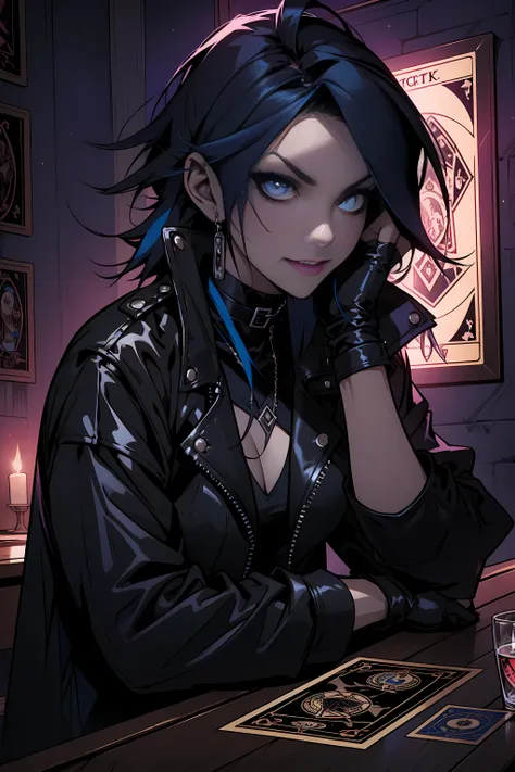 Goth girl, 1girl, solo, punk hair style, messy medium hair, black hair with a blue streak, blue eyes, clear skin, wearing make-up, medium breasts, fangs, vampire, wearing a black leather jacket, wearing a small white top, black fingerless gloves, holding a...