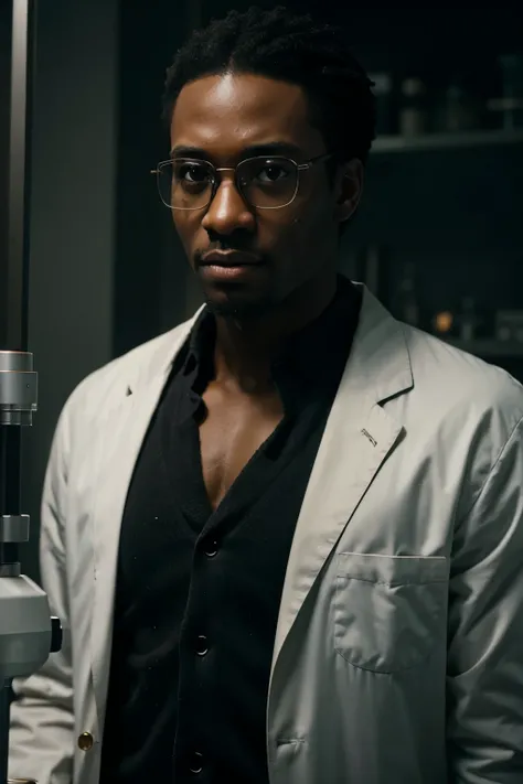 a black man, 1m80 tall, very cute scientist, detailed face, expressive eyes, detailed features, lab coat, glasses, scientific equipment, multiple scenes with people, cinematic lighting, photorealistic, high detail, 8k, masterpiece