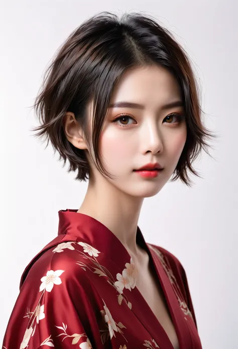 beautiful Japanese woman with short hair , white background