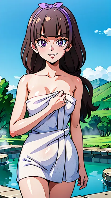 1 girl, (solo), ((amanogawaki)), best quality, highres, high quality, 8k, HD, super detail, anatomically correct, UHD, accurate, (masterpiece:1.2), (high quality:1.0), (ultra detailed), (Adult), (hot spring background), (naked towel), (White Towel), Lookin...