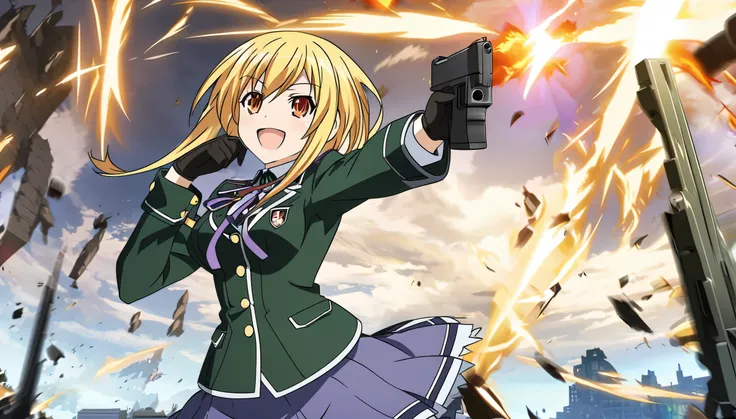 Anime girl,yellow short hair,orange eyes,purple ribbon,green ,violet skirt(school girl),frontline gun,green Footwear,black gloves,medium breast,shooting effect,destroy build background(cloud closed),smile,anime style,date a live style,HD