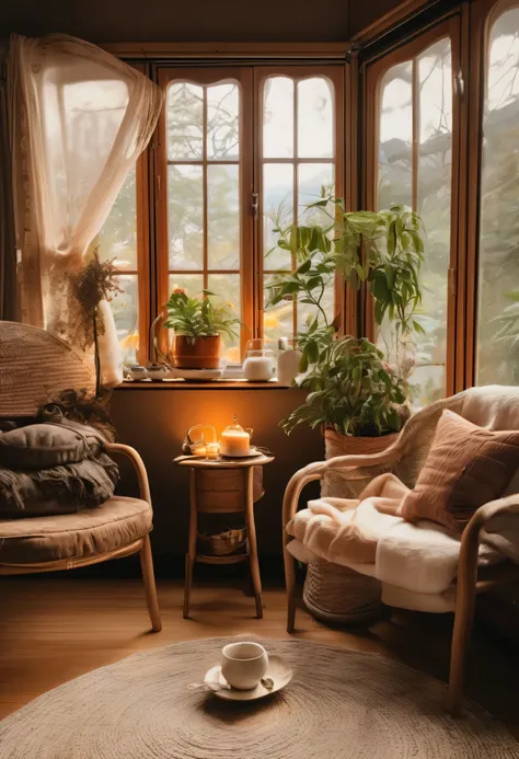 Soft and warm lighting、Creates a cozy atmosphere。
Beautifully arranged tea set（Teapot、cup、Saucer、Sweets, cookies, etc.）
A comfortable chair, a sofa with fluffy cushions, a blanket, and a houseplant.、flower、Garden and nature view from the windowRelaxingBook...