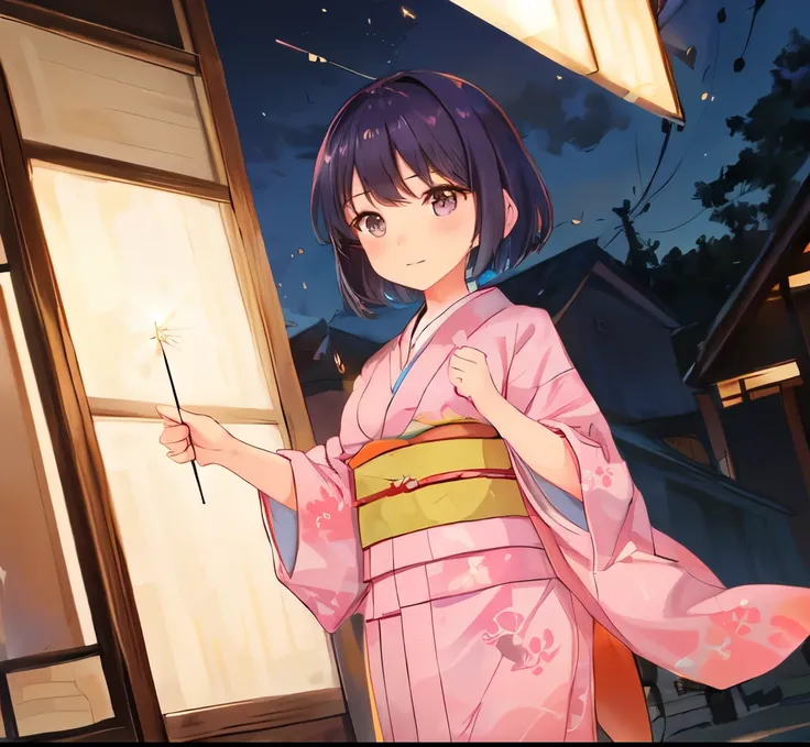 A girl with short hair covering her ears, wearing a kimono and holding a fireworks stick