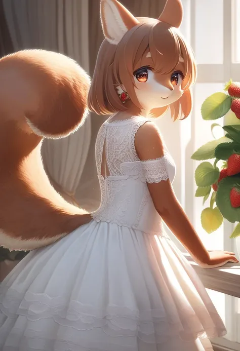 ((Masterpiece)), ((Best Quality)), (Very Detailed), ((Very Detailed)), 4K, (8K), very aesthetic, absurdres highres, 1 girl, (anthropomorphic squirrel, furry, kemono:1.5), In an elegant interior, a woman in a white dress looks at a ring with a thin silver b...