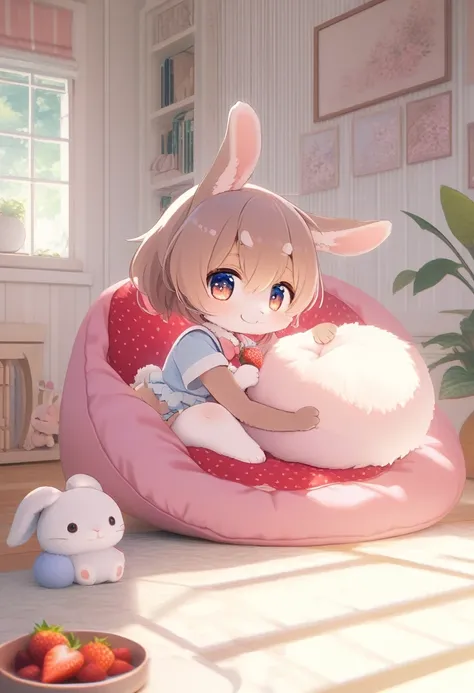 ((Masterpiece)), ((Best Quality)), (Very Detailed), ((Very Detailed)), 4K, (8K), very aesthetic, absurdres highres, 1 girl, (anthropomorphic Rabbit, furry, kemono:1.5), chibi, A woman hugs a large strawberry cushion in the living room. The room was filled ...