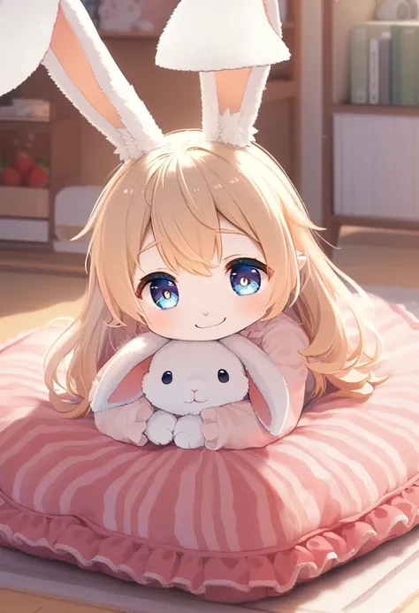 ((Masterpiece)), ((Best Quality)), (Very Detailed), ((Very Detailed)), 4K, (8K), very aesthetic, absurdres highres, 1 girl, (anthropomorphic Rabbit, furry, kemono:1.5), chibi, A woman hugs a large strawberry cushion in the living room. The room was filled ...