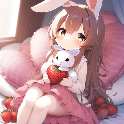 ((Masterpiece)), ((Best Quality)), (Very Detailed), ((Very Detailed)), 4K, (8K), very aesthetic, absurdres highres, 1 girl, (anthropomorphic Rabbit, furry, kemono:1.5), A woman hugs a large strawberry cushion,