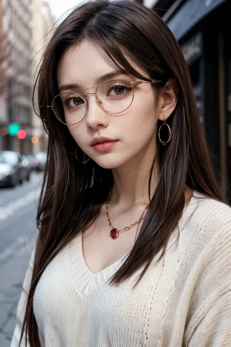 Kizi:Brunette and thin hair:dark brown, black style, dark red wide blouse, black earring, necklase, bracelet and prescription glasses