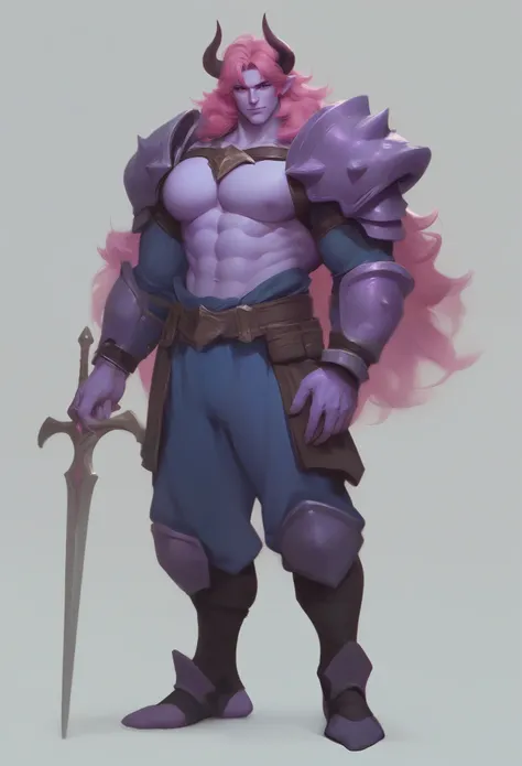 A purple skin man, with pink hair and horns, buff, athletic, big muscles, warrior, big chest, manly face, long hair, full body armor