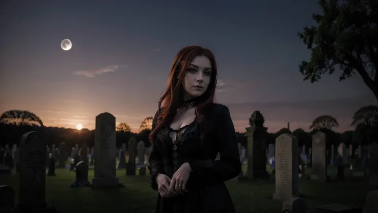 Extremely detailed 4k photograph of a goth girl with bright red hair, purple eyes, seductive gaze and soft smile, in a graveyard with nameless graves and the moon in the sky