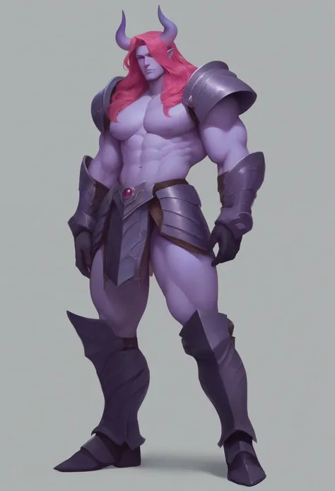 A purple skin man, with pink hair and horns, buff, athletic, big muscles, warrior, big chest, manly face, long hair, full body armor