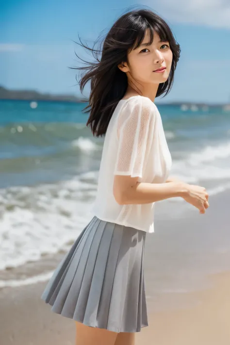 8k, highest quality, masterpiece, super high resolution, (realistic:1.4), RAW Photos, (Film Grain:1.3), One Girl, a skinny Japanese woman, 40 years old, standing on the beach, leaning forward, . She has a cute face and black hair. She is wearing a white bl...