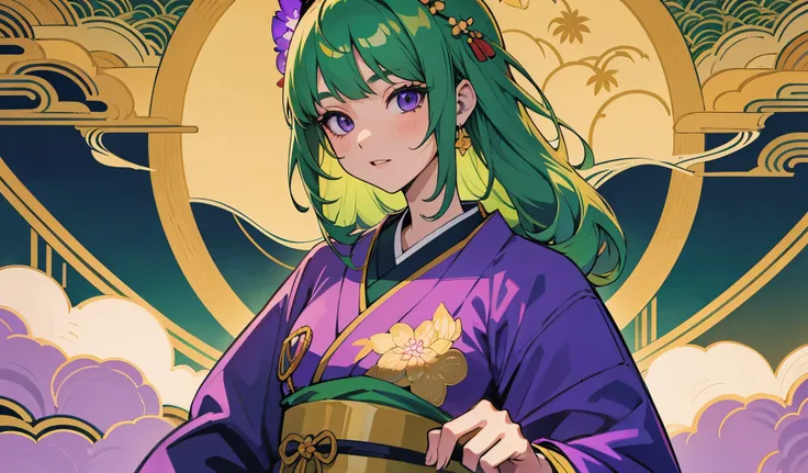 green-haired girl, at the Japanese festival, dressed for the Japanese festival, traditional violet clothing, golden details on the clothing, Japanese festival background