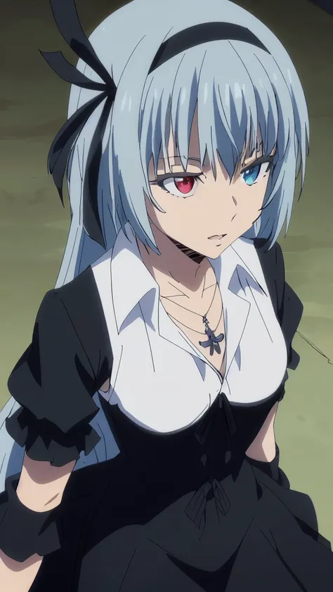 (masterpiece, highest quality, 8k:1.2), 1girl, Luminous Valentine, tensura, beautiful detailed eyes, Heterochromia, red eyes, blue eyes, bangs, grey hair, long hair, hair ribbon, hair band, jewelry, necklace, collarbone, (collared shirt, black dress, gothi...