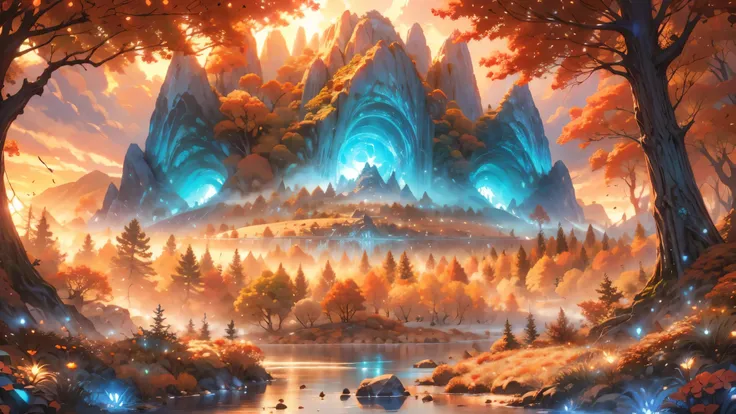 large deep clear glowing blue lake with island in the centre, fantasy fairytale scenery, in a valley with huge dramatic mountains towering in the distance,autumn,large ornamental lawns, rocks plants flowers shrubs trees moss lawns grass redwoods,sunset sto...