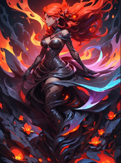 Woman body set large breasts(best quality, highres, ice skull:1.1), A girl with a body made of lava, featuring a Dracula Orchid pattern. (best quality, ultra-detailed), (realistic), vibrant colors, intense lighting, lava-like texture, hauntingly beautiful ...