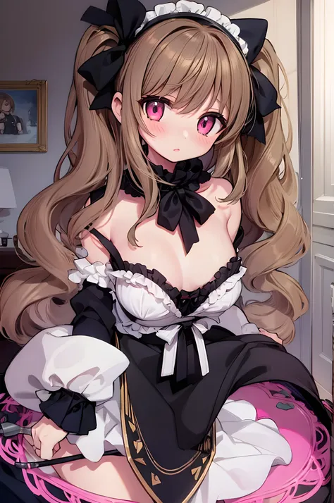 masterpiece, Highest quality, Very detailed, One girl, evaluation: Sensitive, ((Gothic Lolita Fashion, Black clothes, Frills)), ((Change of clothes, Open clothes, Unfinished garment, White bra, White panties)), (((17 years old, Pink Eyes, Cute eyes, Highli...