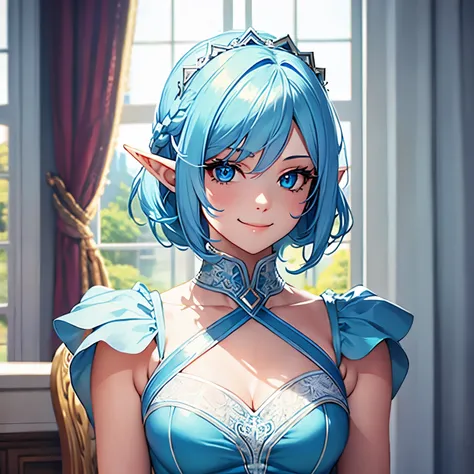 half-elf, light blue hair, blue ballroom dress, smile, blue eyes, done up hair, solo