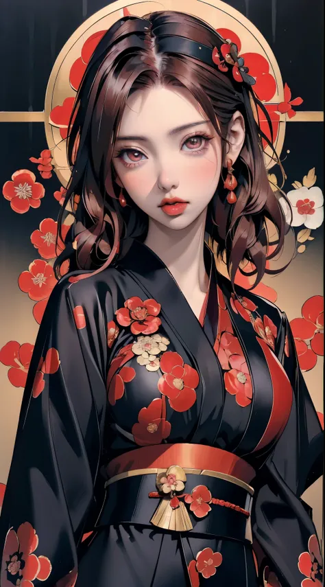 ((Scarlet Johansson)) black widow in a golden red kimono dress with a gold halo, japanese goddess, chie yoshii, elegant japanese woman, portrait of a beautiful geisha, intricate geisha kimono, japanese art style