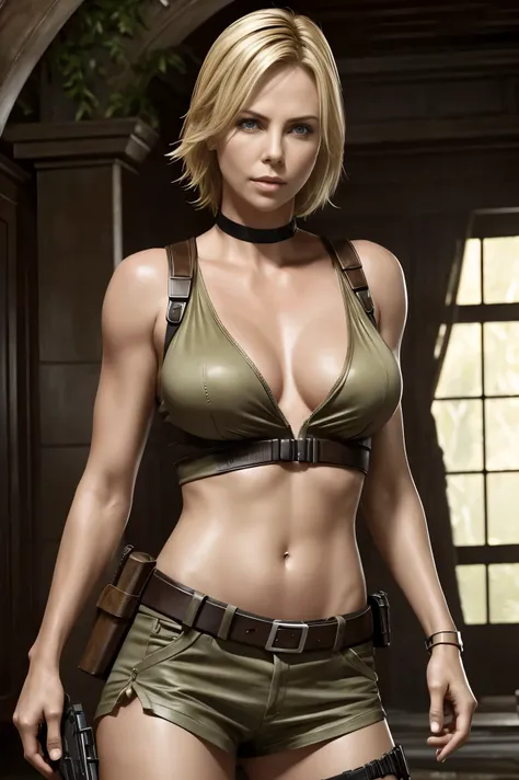 Charlize Theron extremely detailed skin, extra detailed face, photo realistic, high detail eyes, Charlize Theron as Laura Croft, full body shot, large breasts