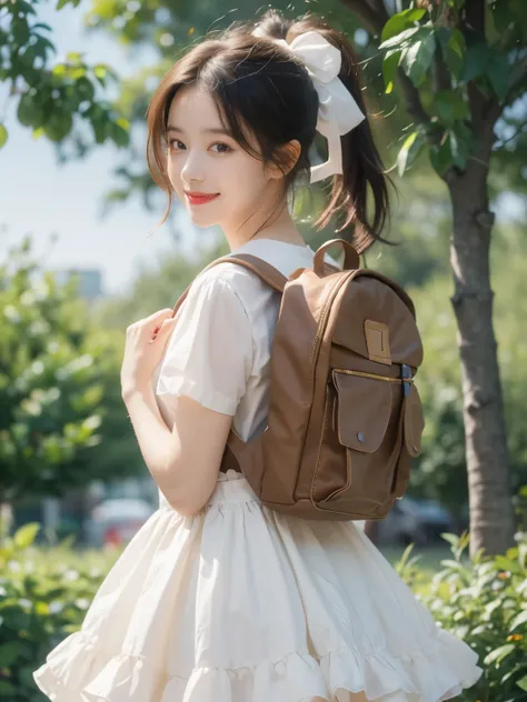 Masterpiece, hd, 1girl, brown hair, ponytail, hair ribbon, wearing cute dress, frilled dress,  dress, bowtie, standing, outdoor, smile, wearing brown backpack, rugsack,(backpack:1.2)