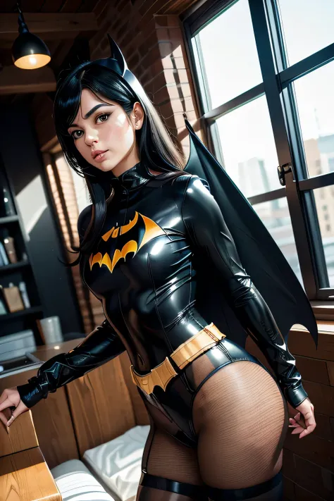 (1womanl), batgirl, black hair, without mask, very short clothes, pantyhose