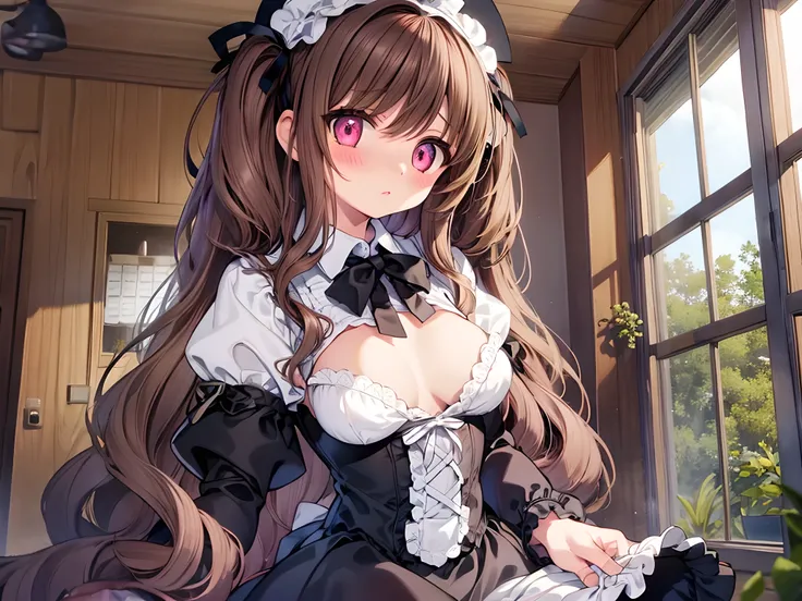 masterpiece, Highest quality, Very detailed, One girl, evaluation: Sensitive, ((Gothic Lolita Fashion, Black clothes, Frills)), ((Change of clothes, Open clothes, Unfinished garment, White bra, White panties)), (((17 years old, Pink Eyes, Cute eyes, Highli...