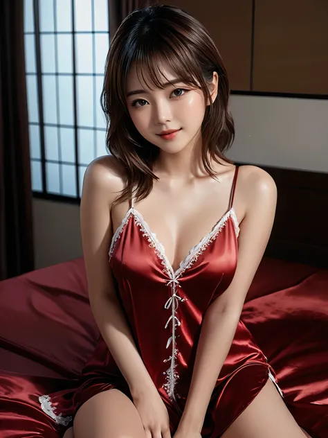 masterpiece, 1 woman per 1photo, full body shot, front view, a Japanese young pretty woman, hyper pretty face, 18 years old, shoulder length hair, sitting on a silk bed with a smile, wearing only a sleeveless silky satin deep red chemise with white laces, ...