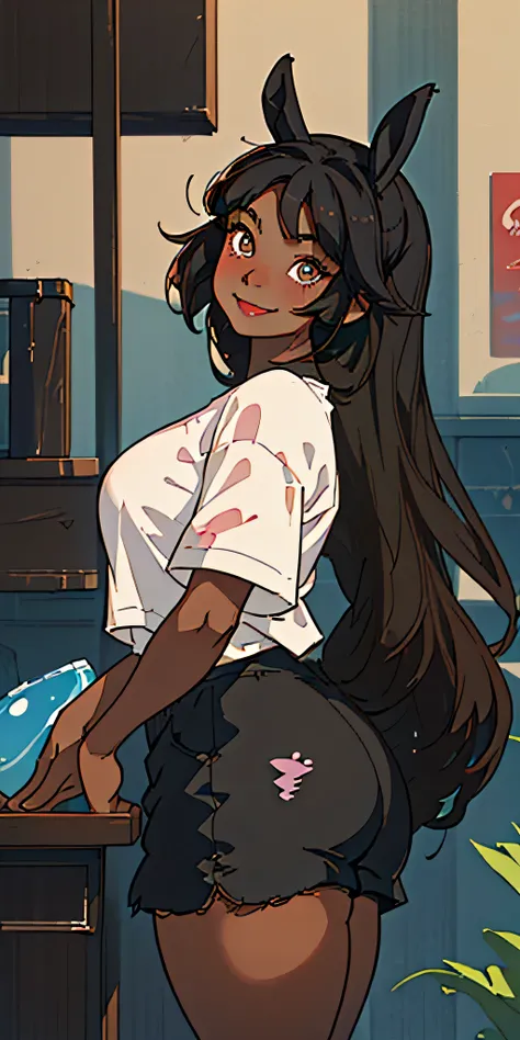 (best quality, masterpiece), black woman, dark brown skin, black eyes, curvy body, shy, smile, big t-shirt, shorts, black hair, blush, looking up at viewer, tall bunny ears, fluffy bunny tail