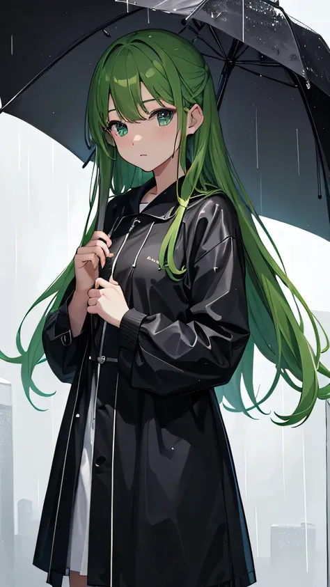 high resolution、high quality、Straight face、woman、outside、rain、豪rain、Wet clothes、looking at the camera、Green Hair