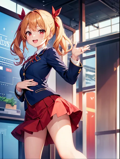 Idol-like anime character, cute, big smile, mouth raised wide, cute and cheerful expression, short blond twin-tail hair, red ribbon worn, small breasts,
navy blue stewardess uniform, navy blue blazer, long skirt,
Greeting, Airplane flying over airport lobb...