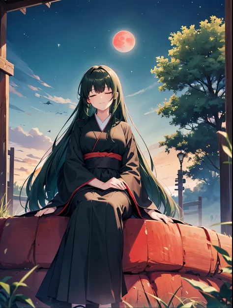 High quality, (dark dark dark green hair), dark dark dark green hair, dark green hair color, voluminous dark green hair, long straight hair, both eyes closed, eyes closed, dressed like a basilisk ovolo, standing, plain purple kimono, jet black night sky, s...