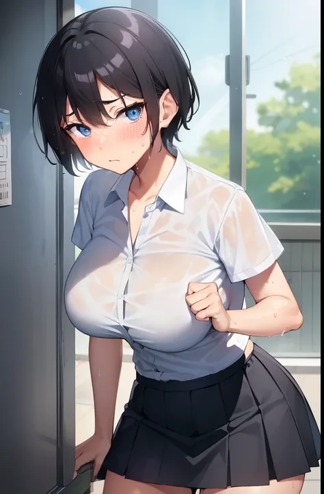 boyish,Very short hair,Black Hair,Large Breasts,Summer uniform,blush,Serious face,blue eyes,mini skirt,Sweaty,Wet,High school classroom,Cowboy Shot,front,Embarrassing,shy,Asian Squat