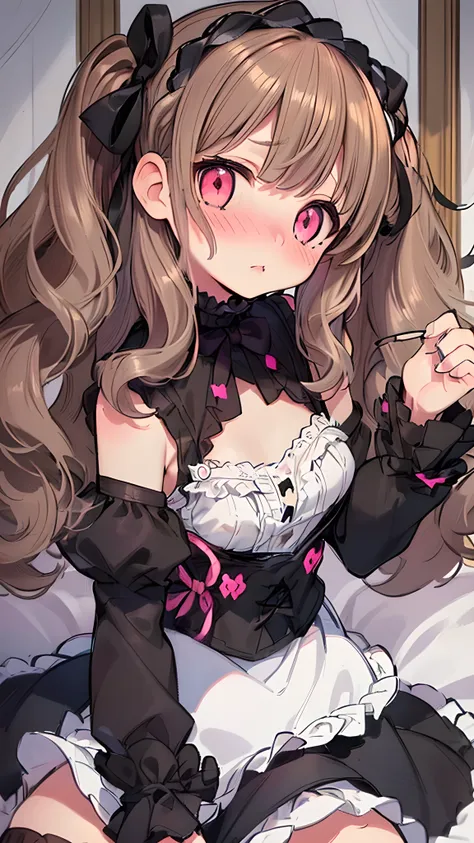 masterpiece, Highest quality, Very detailed, One girl, evaluation: Sensitive, ((Gothic Lolita Fashion, Black clothes, Frills)), ((Change of clothes, Open clothes, Unfinished garment, White bra, White panties)), (((17 years old, Pink Eyes, Cute eyes, Highli...