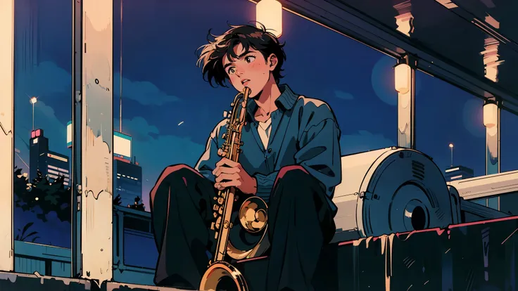 Highest quality, 8k, 1990s style,Hairstyles of the 2010s, 21 year old boy, black hair, Light brown eyes, City Pop, pants ,Night view, jazz, whole body, Playing the saxophone 