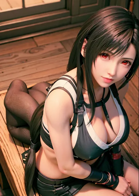 FF7,Tifa,Lie down on the bar counter,Looking at this,((View your viewers)),From above,Purple Lingerie,Black Hair,((Long Hair:1.7)),Tie it under your hair,Beautiful image quality 32K,Sleep on your back,Spread your legs,Transparent underwear,Red Eyes,Big Bre...