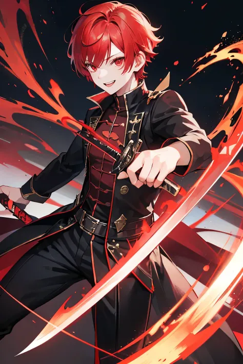 Highest quality　boy　Red hair　Short Hair　aura　effect　King Handsome　Highest quality, Red eyes, Crazy smile, Black clothes，anime, 3D Rendering, sword　Beautiful Youth