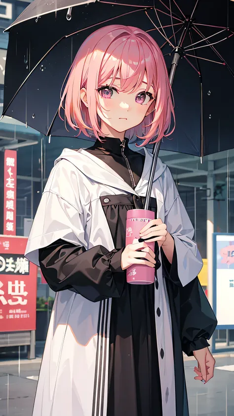 high resolution、high quality、Straight face、woman、outside、rain、豪rain、Get wet服、looking at the camera、Pink Hair、Short Hair、One person、Get wet、One person