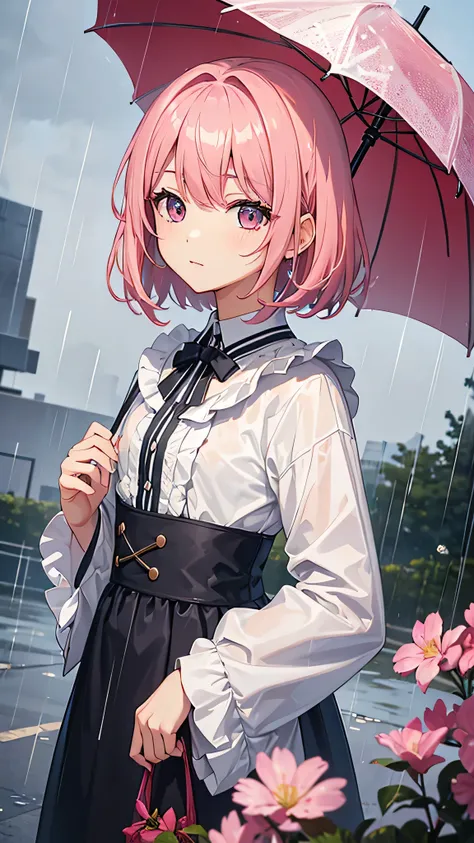 high resolution、high quality、Straight face、woman、outside、rain、豪rain、Get wet服、looking at the camera、Pink Hair、Short Hair、One person、Get wet、One person