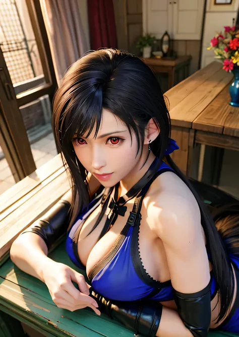 FF7,Tifa,Lie down on the bar counter,Looking at this,((View your viewers)),From above,Purple Lingerie,Black Hair,((Long Hair:1.7)),Tie it under your hair,Beautiful image quality 32K,Sleep on your back,Spread your legs,Transparent underwear,Red Eyes,Big Bre...