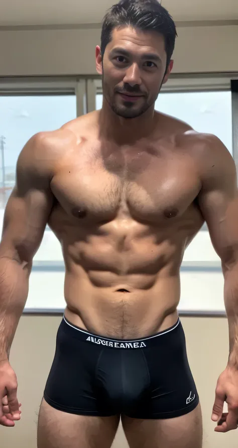  natural male、35 years old、male、Japanese、very handsome、abs、Pectoral muscle、Ck black Briefs、sexy pose、body hair、full-length picture,wearing glasses