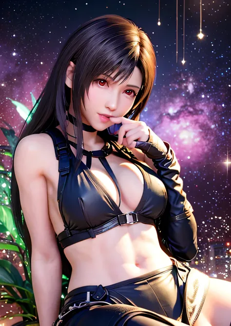 （，Make your face bright red，20-year-old，Long, narrow eyes）（Realistically： 1.4）， solo， Highest quality， Very elegant and beautiful， khd， One girl， ff tifa_Lockhart， smile， Cowboy Lens， Harness， Low waist， （Maid clothes，Long black stockings）， Brunette color ...