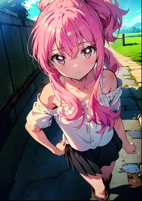 louise françoise lebrun of la vététière,pink hair,pink eyes,long hair,ponytail,one-shoulder shirt,short sleeve,mini skirt,black ...