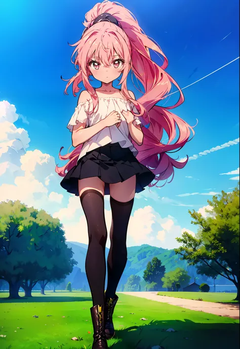 Louise Françoise Lebrun of La Vététière,Pink Hair,Pink Eyes,Long Hair,ponytail,One-shoulder shirt,Short sleeve,mini skirt,Black tights,short boots,Walking,Daytime,Clear skies,　　　　　　　　　　　　　　  　　　　　break looking at viewer, whole body,   　　　　　
break outdoors,...