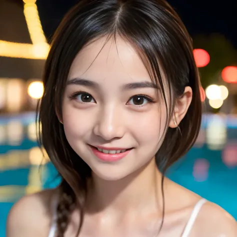 (Best-quality, Masterpiece, Ultra-High-Resolution, (Photorealistic:1.4), Raw Photo, depth of field, professional lighting, perfect anatomies, extremely details), ((late at night, in pool)), (1girl, the most famous 15-years-old Japanese-idol, wearing white-...