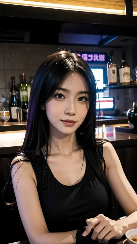 realistic photo of a asian girl with black and purple hair, in a bar