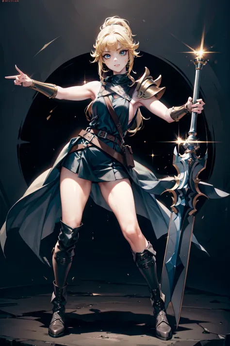 (masterpiece, best quality:1.2), perfect eyes, perfect face, ultra detailed face , strong make up, highres, 1 girl, solo, make up, (female:1.5), strife, shoulder armor, sleeveless turtleneck, suspenders, belt, gloves, bracer, evil smile, standing, portrait...