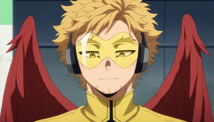 score_9, score_8_up, score_7_up, source_anime, rating_safe, intricate details, anime screencap, anime coloring, official style, , , 1boy, solo, male focus, keigo_takami, blonde hair, yellow eyes, medium hair, stubble, wings, feathered wings, red wings, tin...